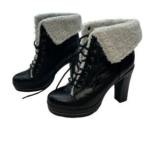 Kelsi Dagger Heeled Leather Boots Lace Up Faux Fur Lined Black/Cream Size 8
